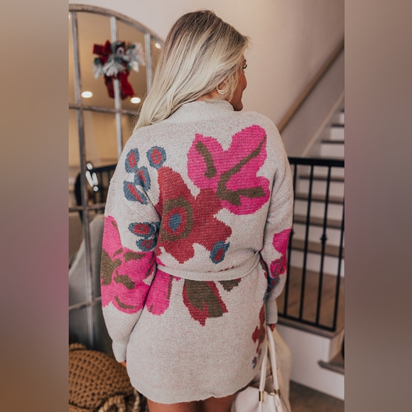 NEW Floral Print Knit Open Front Tie Waist Cardigan Sweater SMALL Birch & Pink - Picture 5 of 9